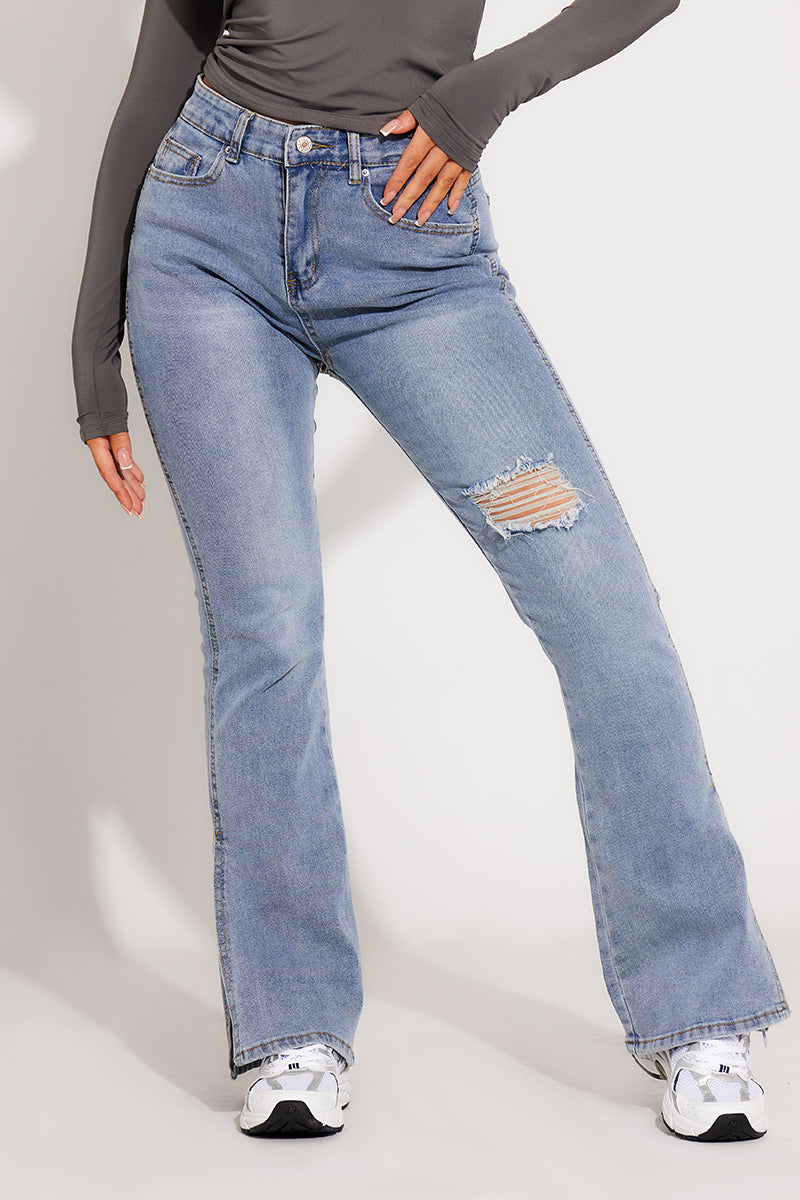 Light Wash Split Hem Straight Leg Bum Rip Jeans