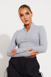 Grey Marl Ribbed Zip Detail Long Sleeve Crop Top