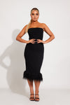 Black Strapless Feather Detail Corset Midi Dress