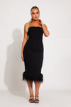 Black Strapless Feather Detail Corset Midi Dress