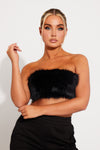 Black Fluffy Faux Feather Bandeau Crop Top