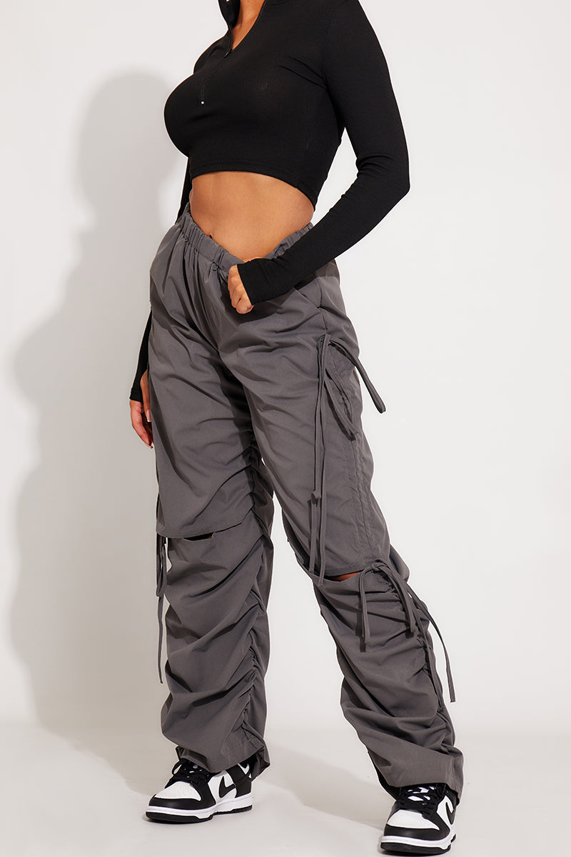 Grey Cut Out Drawstring Parachute Cargo Pants