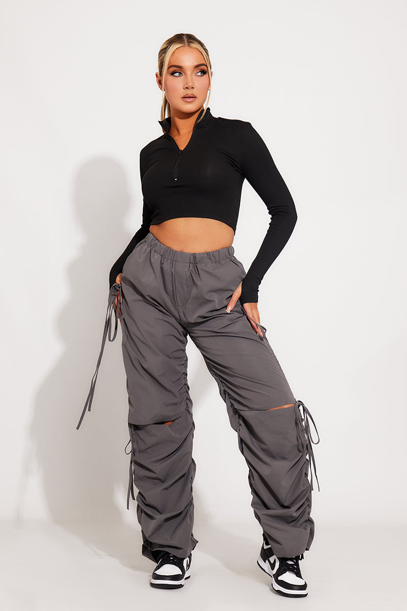 Grey Cut Out Drawstring Parachute Cargo Pants