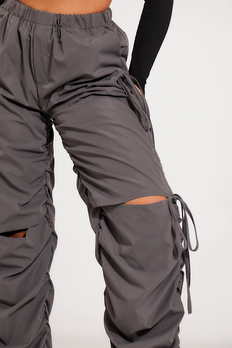 Grey Cut Out Drawstring Parachute Cargo Pants