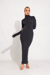 Dark Grey Ribbed High Neck Long Sleeve Midi Dress