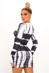 Black Tie Dye Print Long Sleeve Bodycon Mini Dress