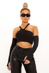 Black Asymmetric Cut Out Crop Top With Sleeves