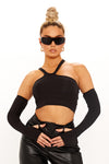 Black Asymmetric Cut Out Crop Top With Sleeves