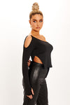 Black Off Shoulder Split Detail Long Sleeve Crop Top