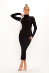 Black Ribbed Turtleneck Long Sleeve Midi Dress