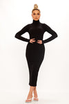 Black Ribbed Turtleneck Long Sleeve Midi Dress