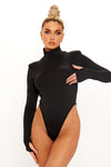 Black High Neck Shoulder Padded Open Back Bodysuit