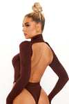 Brown High Neck Shoulder Padded Open Back Bodysuit