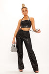 Black Faux Leather Halter Tassel Detail Crop Top