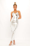 Silver Metallic Halter Low Back Bodycon Maxi Dress