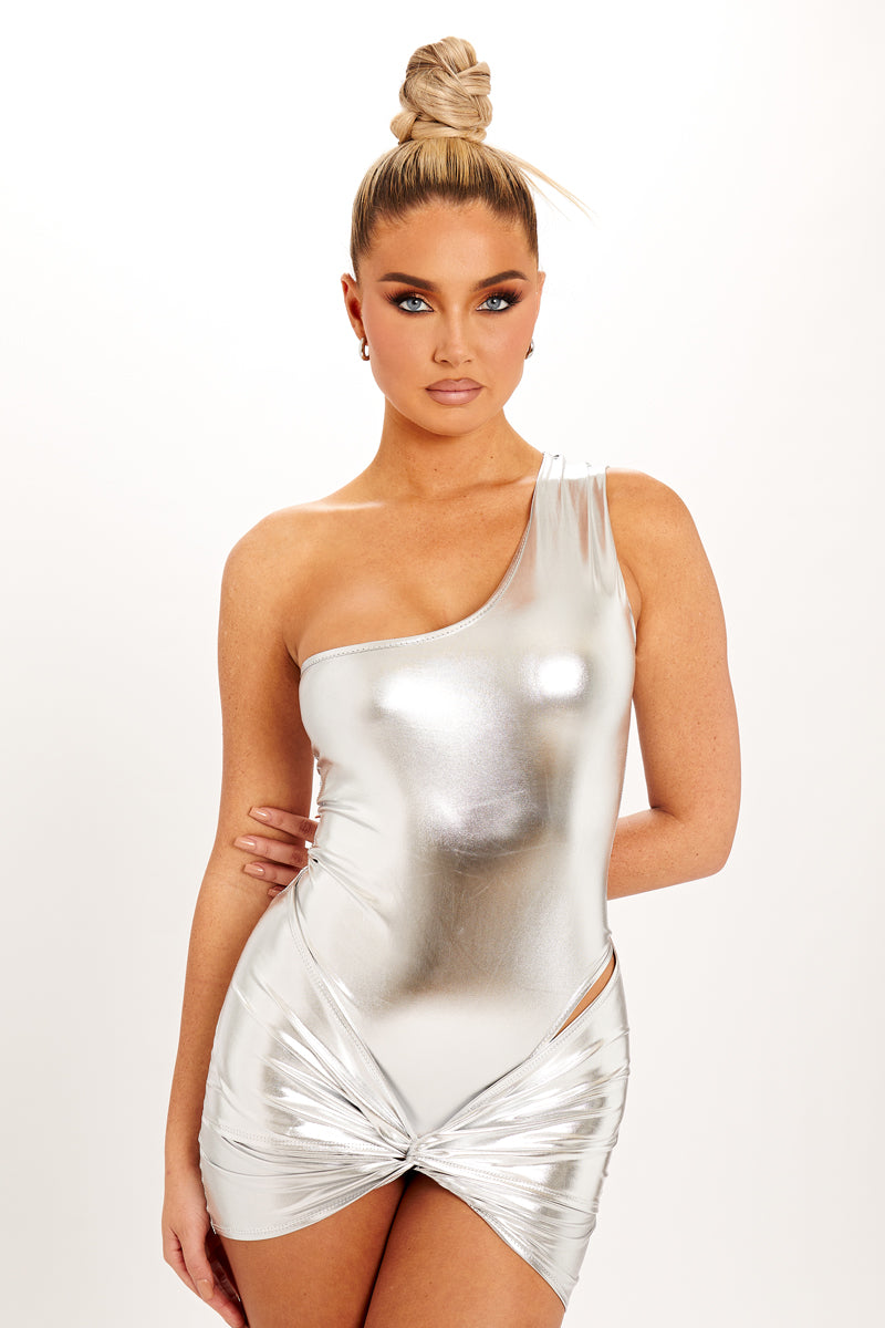 Silver Metallic One Shoulder Bodysuit & Knot Mini Skirt Co-Ord