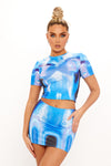 Blue Body Print Graphic Crop Top & Mini Skirt Co-Ord