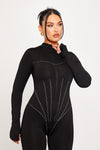 Black High Neck Corset Detail Long Sleeve Jumpsuit