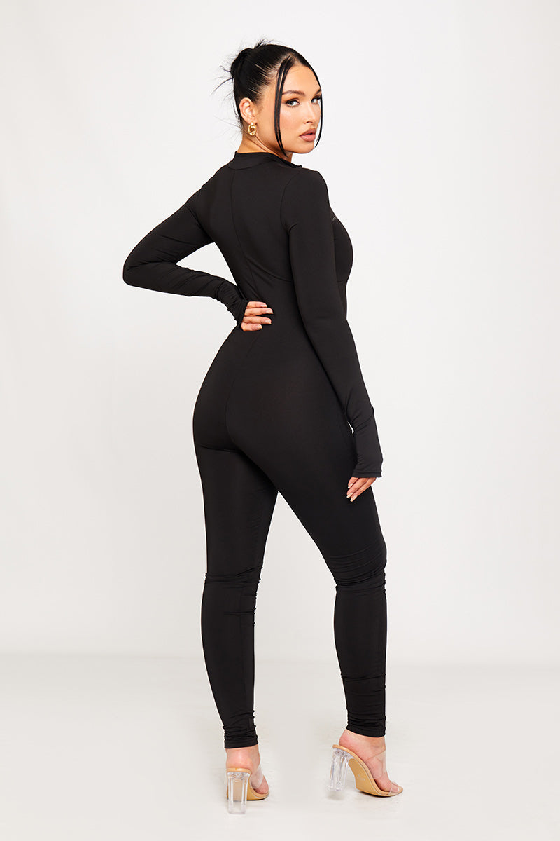 Black High Neck Corset Detail Long Sleeve Jumpsuit
