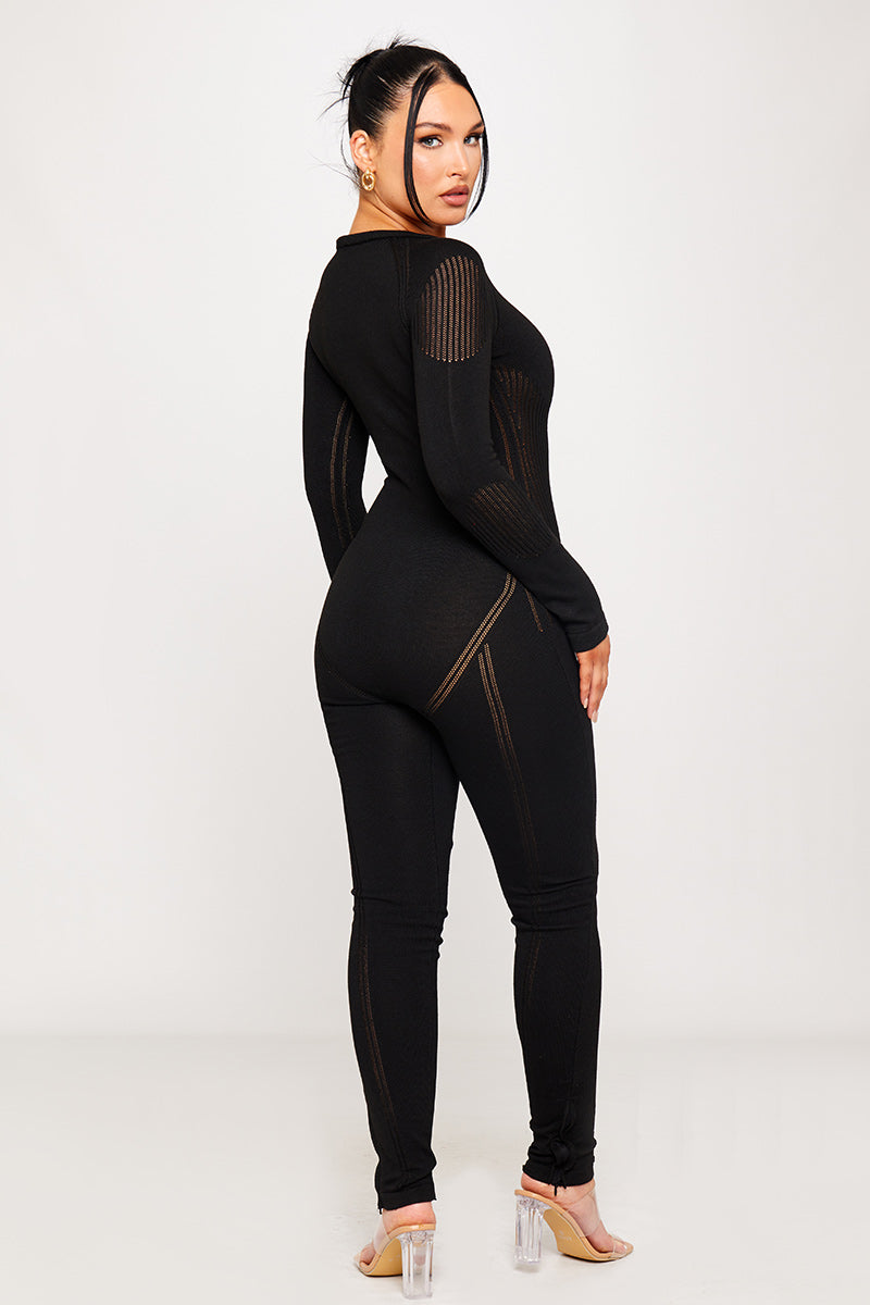 Black Knitted Zip Detail Contour Jumpsuit