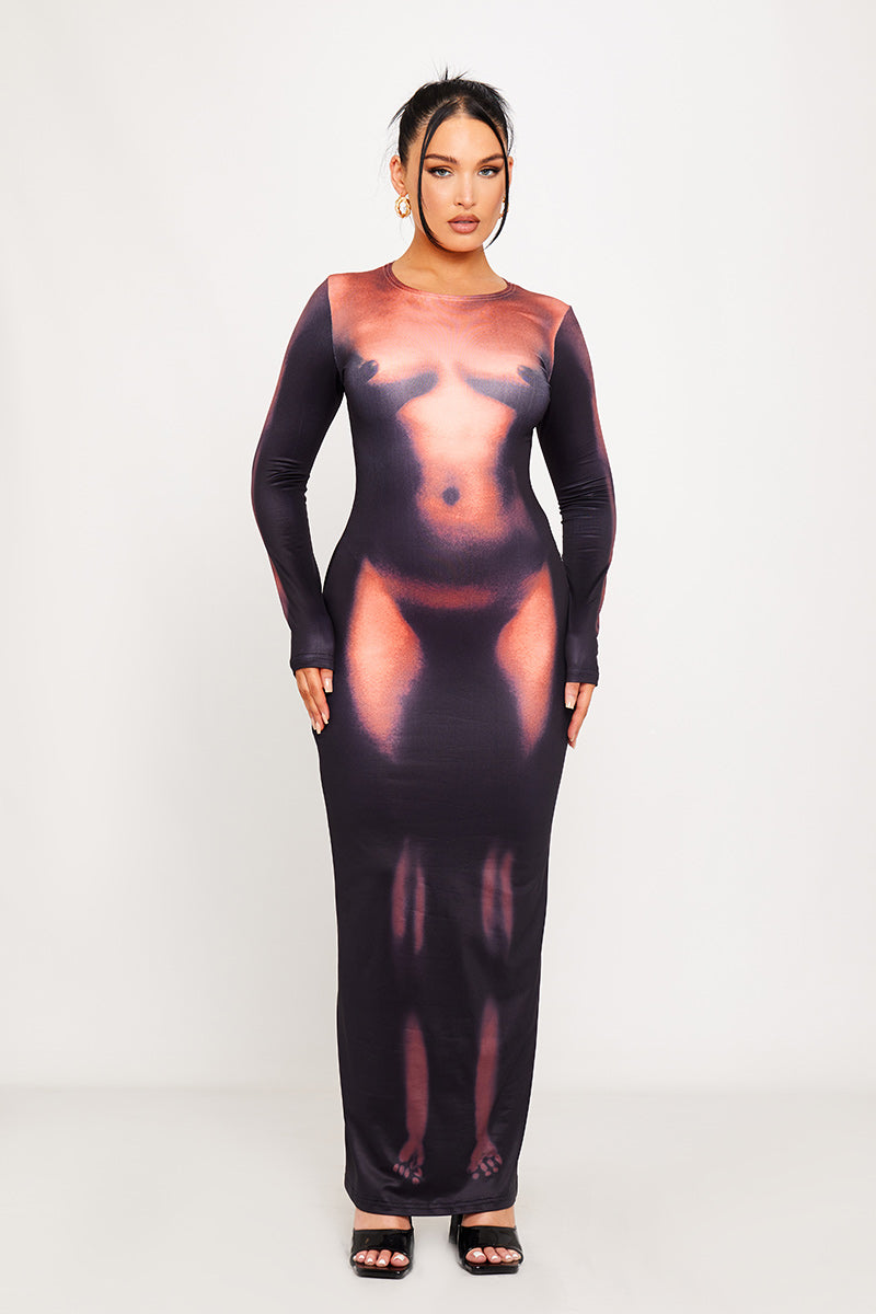 Black Body Heat Map Print Long Sleeve Maxi Dress