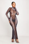 Black Sheer Mesh Dot Print Turtleneck Maxi Dress