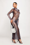 Black Sheer Mesh Dot Print Turtleneck Maxi Dress