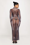 Black Sheer Mesh Dot Print Turtleneck Maxi Dress