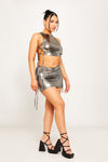 Silver Metallic Side Tie Detail Crop Top & Mini Skirt