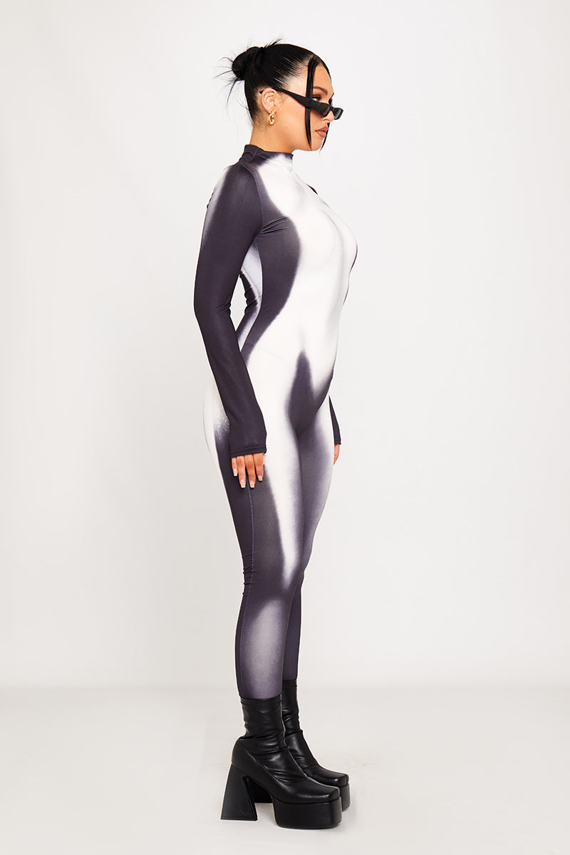 Black High Neck Body Print Long Sleeve Jumpsuit