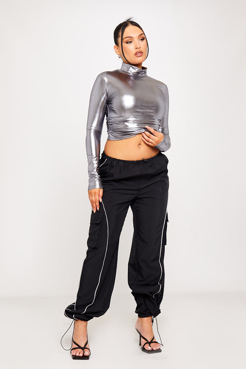 Silver Metallic High Neck Ruched Long Sleeve Crop Top