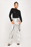 Silver Metallic Straight Leg High Waisted Jeans