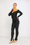 Black Plunge Long Sleeve Wrap Top & Split Leggings Co-Ord