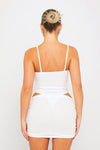 White Sheer Knit Keyhole Bodysuit & Ruched Mini Skirt Co-Ord