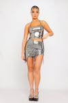 Silver Metallic Asymmetric Ruched Tie Detail Mini Skirt