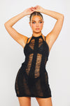 Black Shredded Halter Open Back Knit Mini Dress