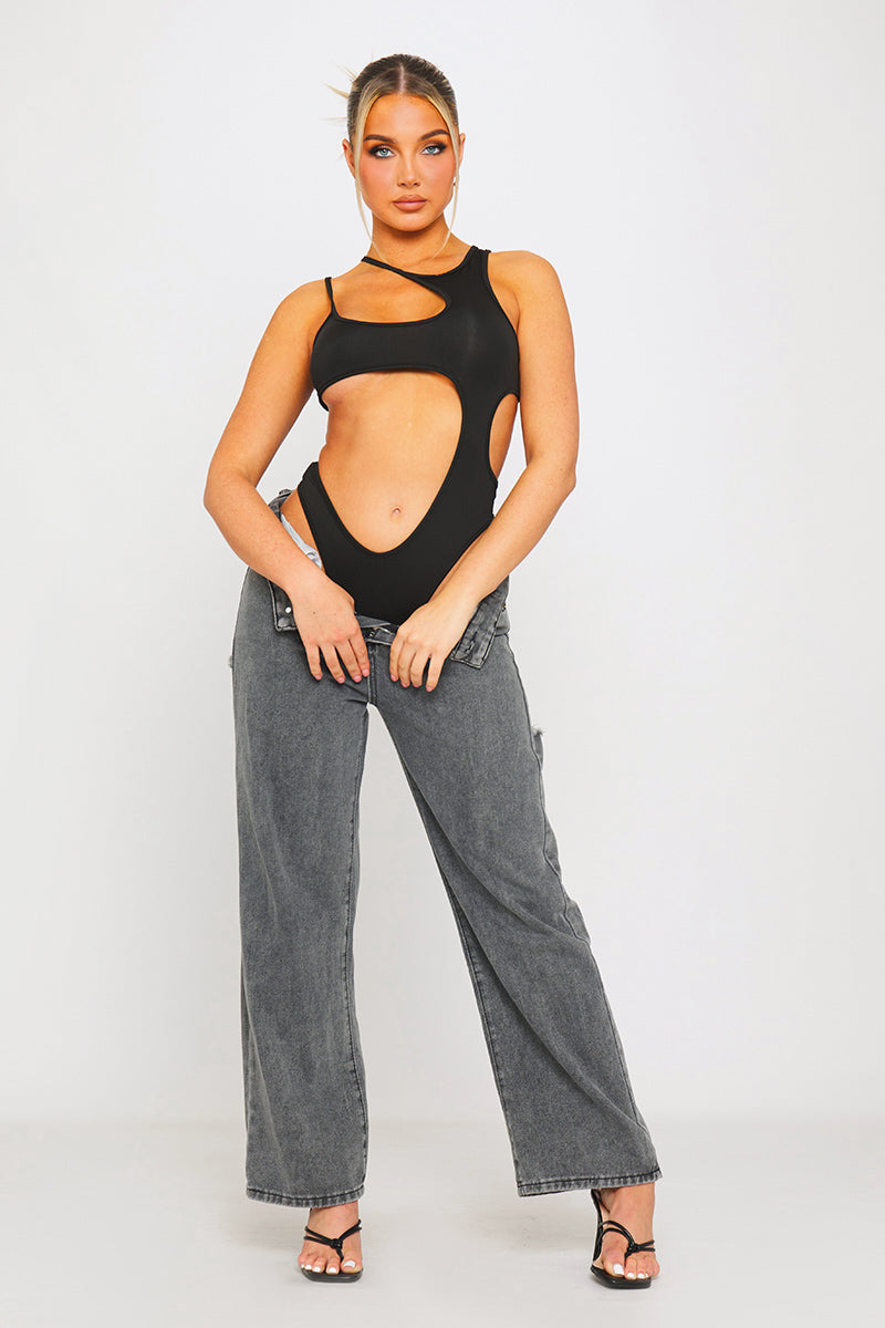 Black Asymmetric Cut Out Sleeveless Bodysuit