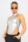 Silver Metallic High Neck Racer Cut Sleeveless Bodysuit