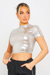 Silver Metallic Fitted Short Sleeve Cropped T-Shirt