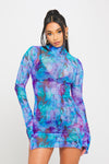 Purple Sheer Mesh Floral Print Long Sleeve Mini Dress