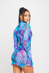 Purple Sheer Mesh Floral Print Long Sleeve Mini Dress