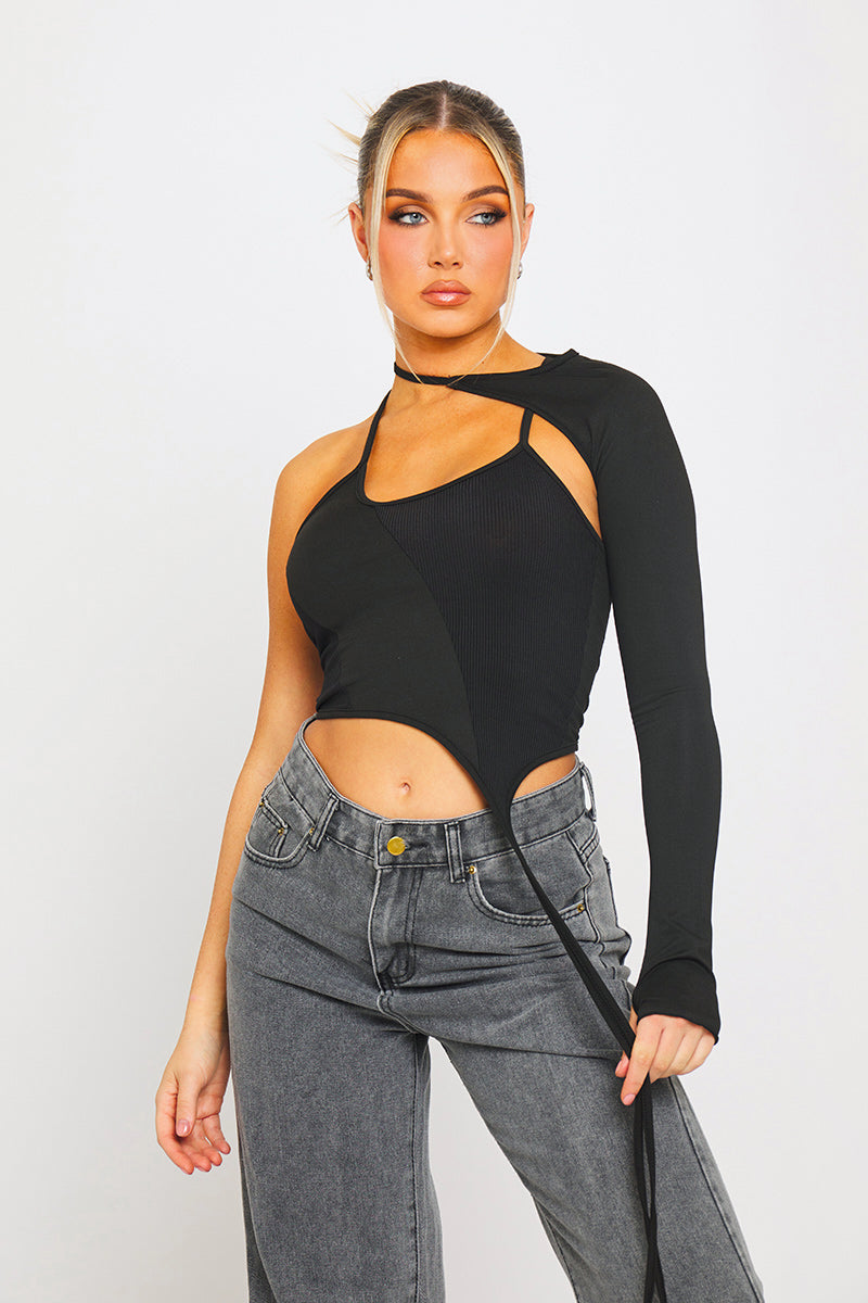 Black Ribbed Asymmetric Detachable Sleeve Crop Top