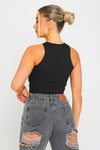 Black Ribbed Asymmetric Button Detail Crop Top