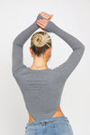 Dark Grey Ribbed Plunge High Leg Long Sleeve Bodysuit