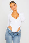 White Ribbed Plunge High Leg Long Sleeve Bodysuit