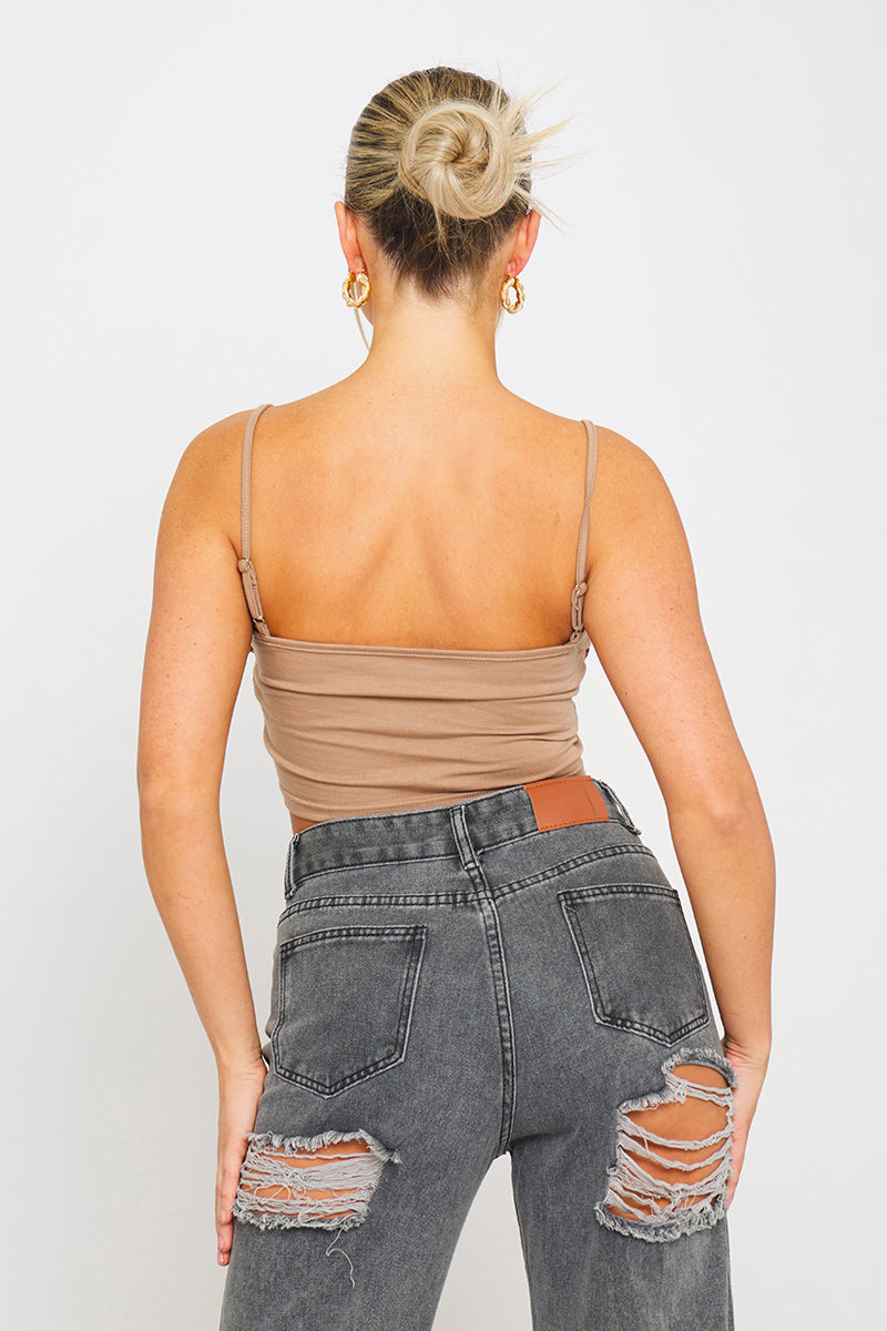 Mocha Multi Cut Out Braid Detail Strappy Crop Top