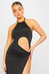 Black Halter Cut Out Thigh Split Detail Maxi Dress