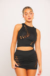 Black Cut Out Braid Detail Crop Top & Mini Skirt Co-Ord