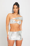 Silver Metallic Ruched Bandeau Crop Top & Mini Skirt Co-Ord