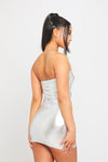 Silver Metallic Ruched Cut Out Detail Bandeau Mini Dress